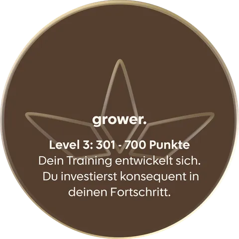 grower. Level 3: 301 - 700 Punkte. Dein Training entwickelt sich. Du investierst konsequent in deinen Fortschritt.