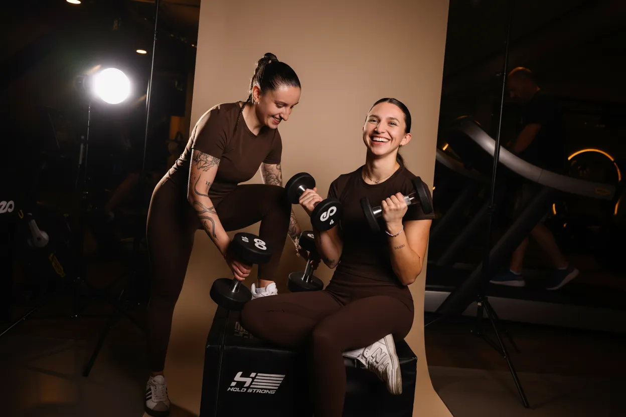 Zwei Peoples Fitness Mitarbeiterinnen beim Hanteltraining